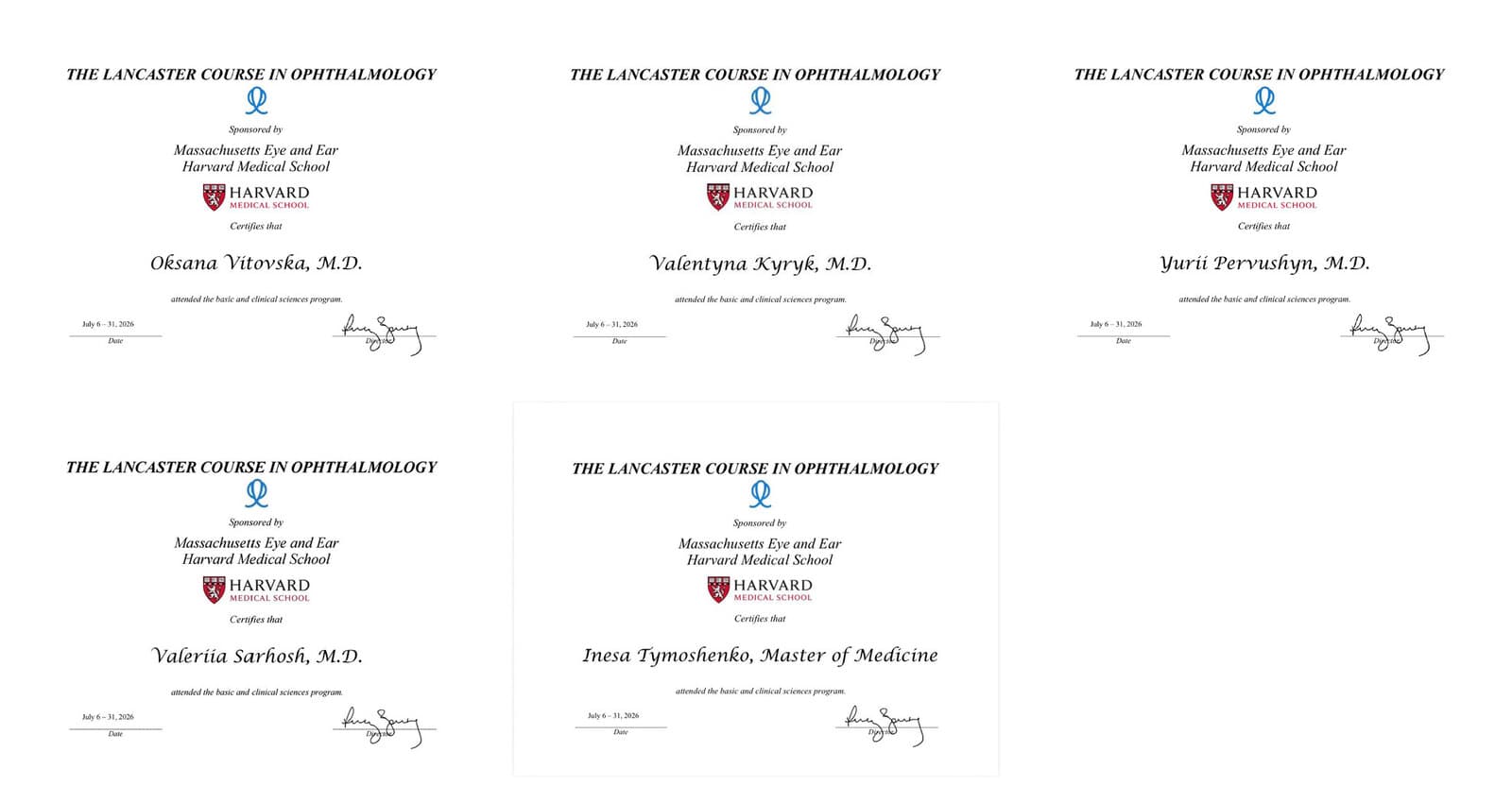 British Eyes doctors' certificates — Lancaster Course in Ophthalmology, Harvard Medical School