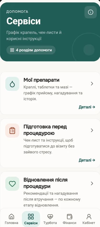 Розділ «Сервіси» застосунку British Eyes App: графік крапель і чек-листи